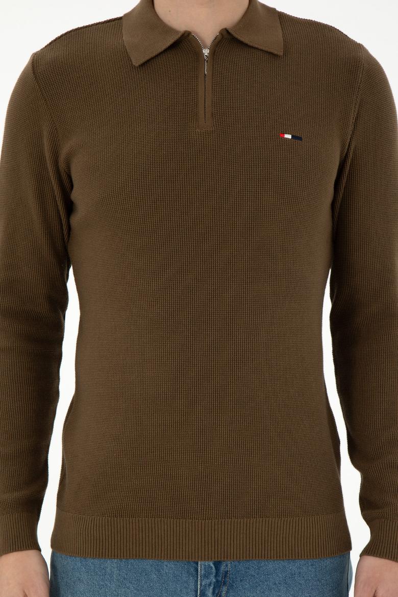 Erkek Regular Fit Yarım Fermuarlı Haki Basic Kazak - 50298266062