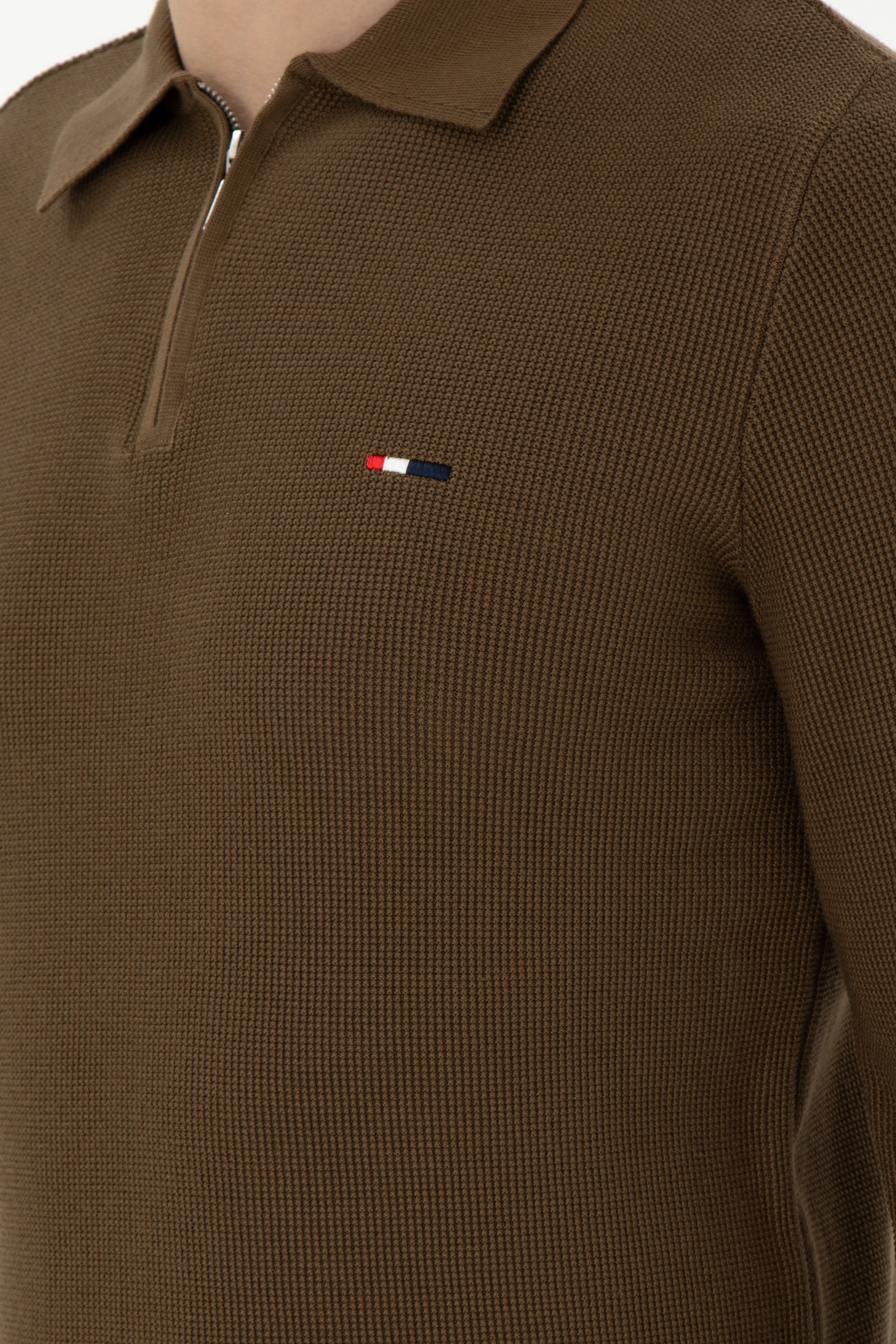 Erkek Regular Fit Yarım Fermuarlı Haki Basic Kazak - Image 7