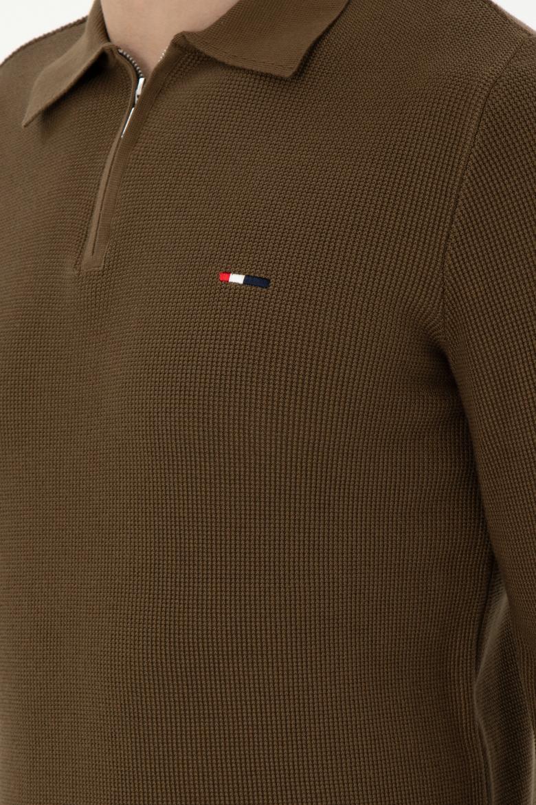 Erkek Regular Fit Yarım Fermuarlı Haki Basic Kazak - 50298266062