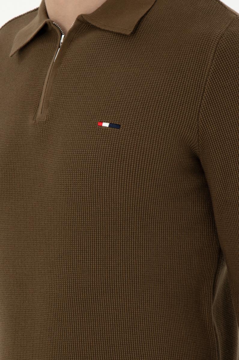 Erkek Regular Fit Yarım Fermuarlı Haki Basic Kazak