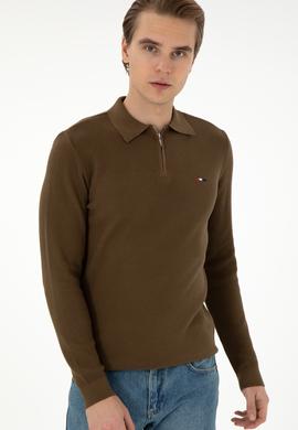 Erkek Regular Fit Yarım Fermuarlı Haki Basic Kazak - 50298266062