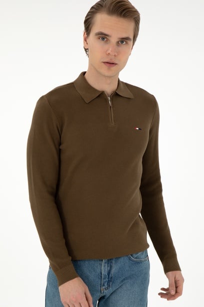 Erkek Regular Fit Yarım Fermuarlı Haki Basic Kazak