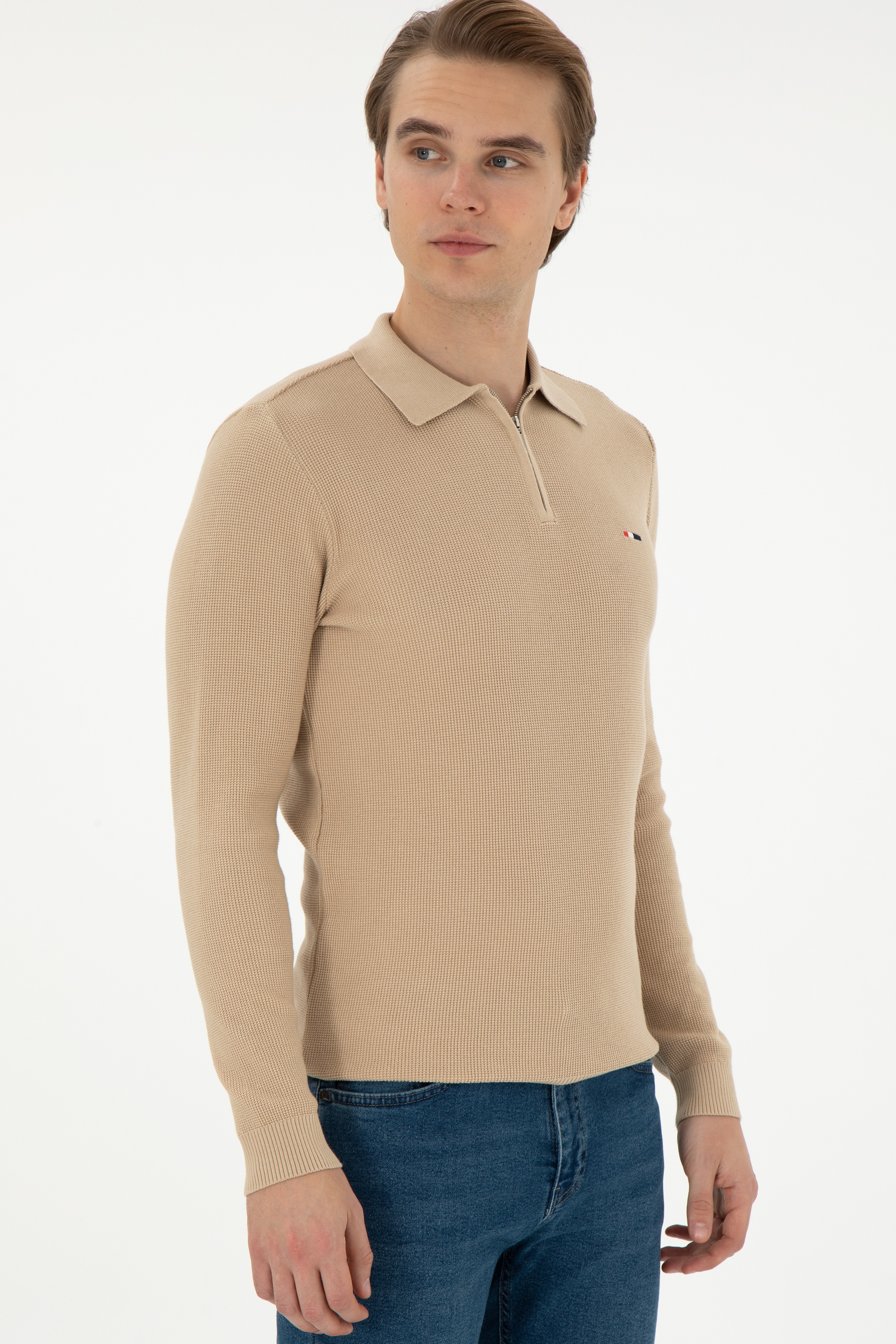Erkek Regular Fit Yarım Fermuarlı Kum Melanj Basic Kazak - Image 1