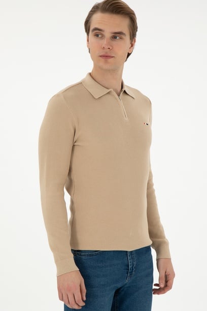 Erkek Regular Fit Yarım Fermuarlı Kum Melanj Basic Kazak