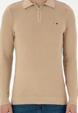 Erkek Regular Fit Yarım Fermuarlı Kum Melanj Basic Kazak - 50298266041