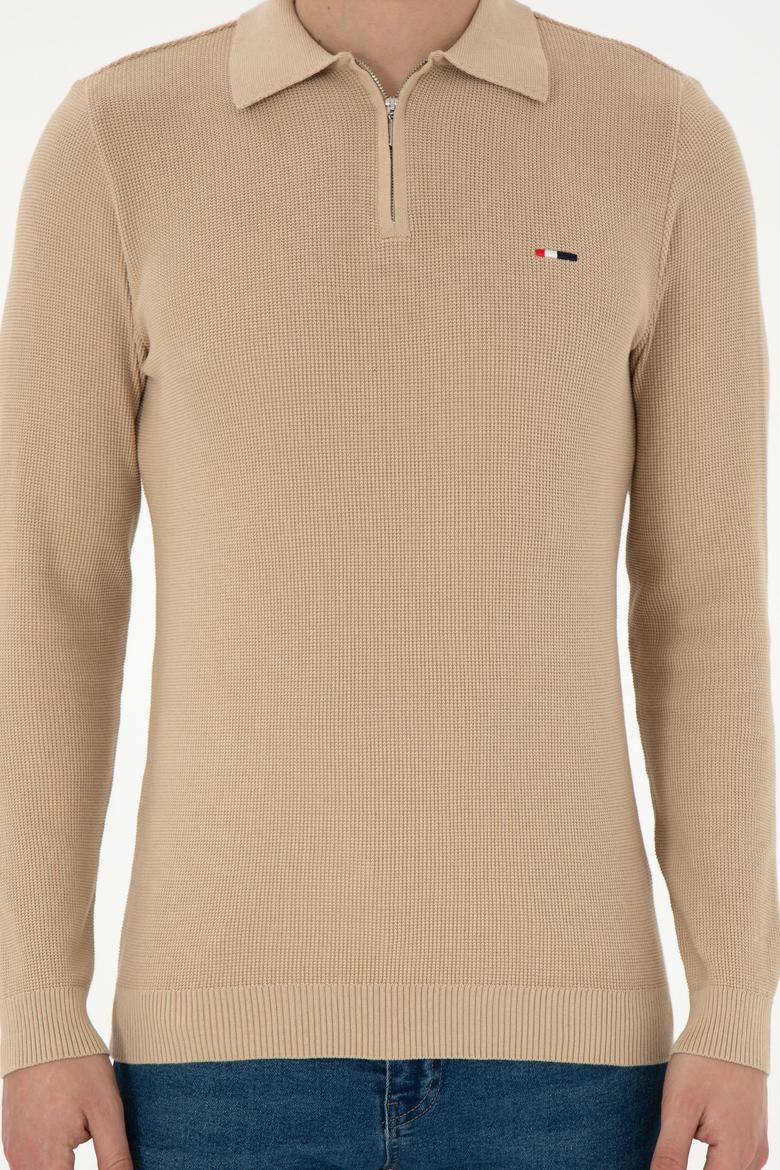 Erkek Regular Fit Yarım Fermuarlı Kum Melanj Basic Kazak - 50298266041