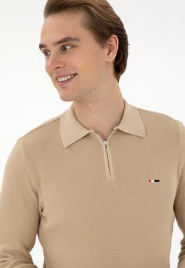 Erkek Regular Fit Yarım Fermuarlı Kum Melanj Basic Kazak - 50298266041