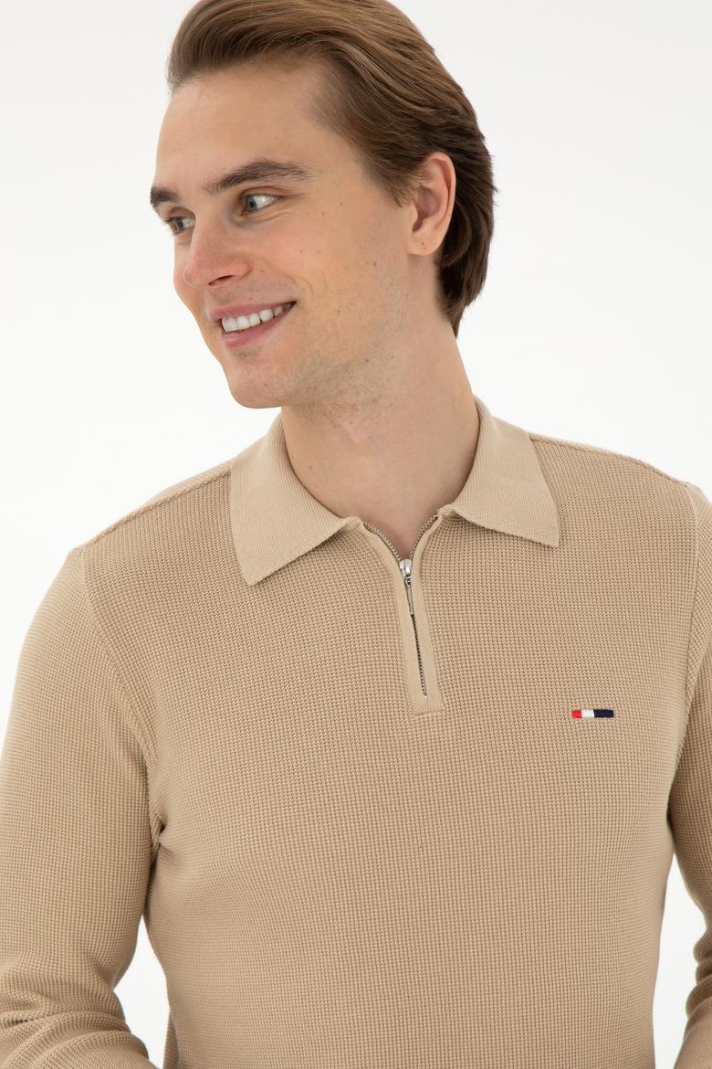 Erkek Regular Fit Yarım Fermuarlı Kum Melanj Basic Kazak - 50298266041