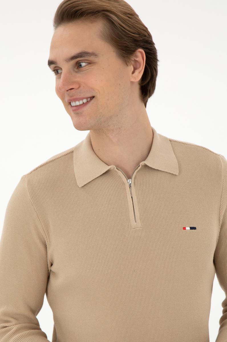 Erkek Regular Fit Yarım Fermuarlı Kum Melanj Basic Kazak