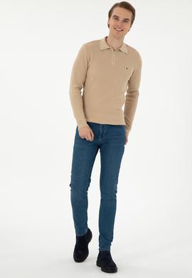 Erkek Regular Fit Yarım Fermuarlı Kum Melanj Basic Kazak - 50298266041