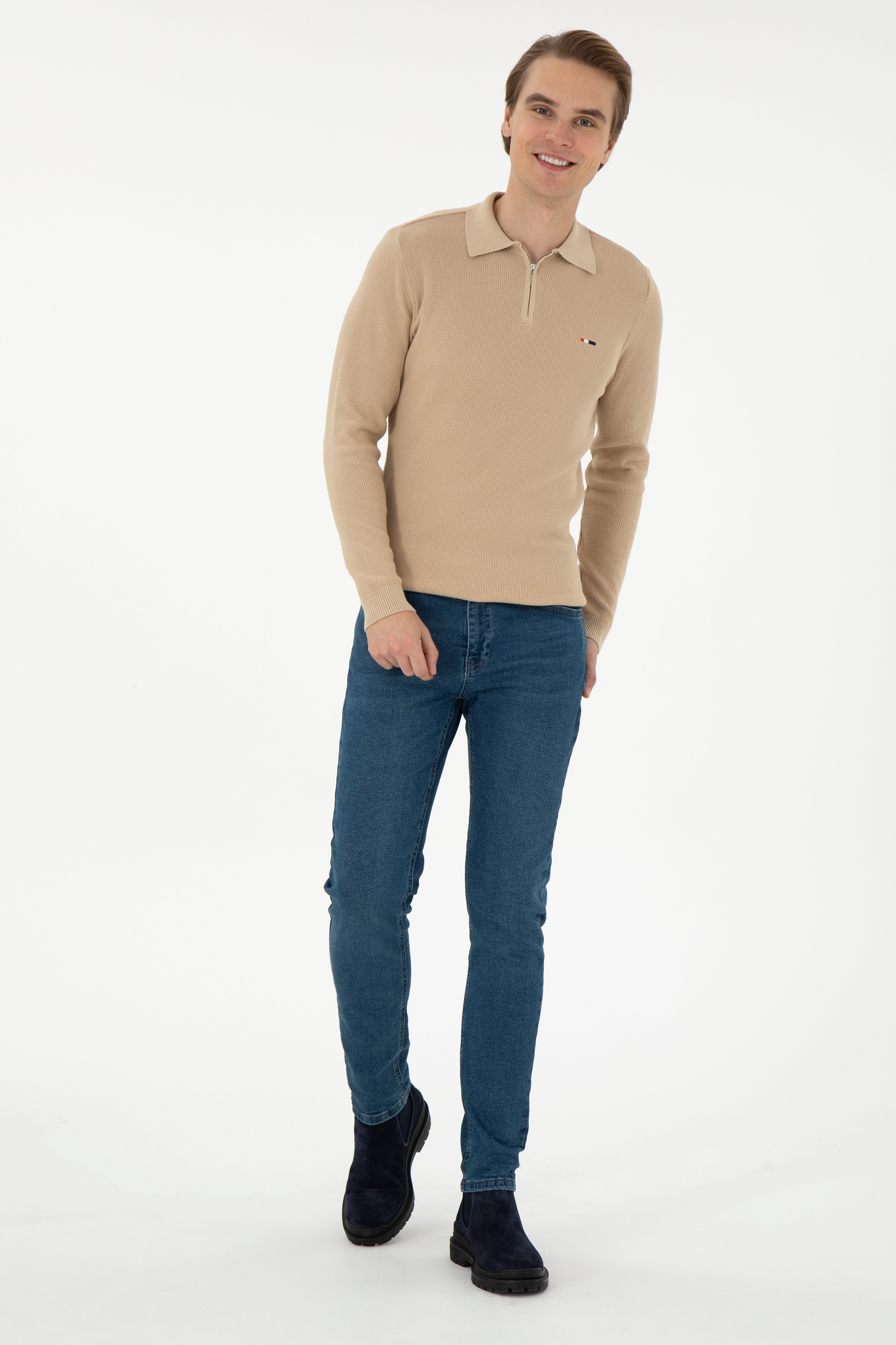 Erkek Regular Fit Yarım Fermuarlı Kum Melanj Basic Kazak
