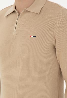 Erkek Regular Fit Yarım Fermuarlı Kum Melanj Basic Kazak - 50298266041