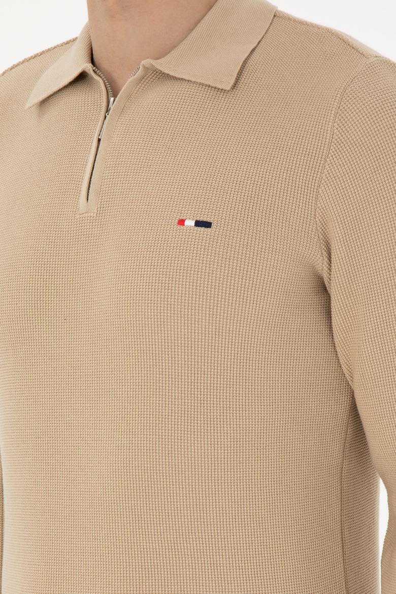 Erkek Regular Fit Yarım Fermuarlı Kum Melanj Basic Kazak - 50298266041