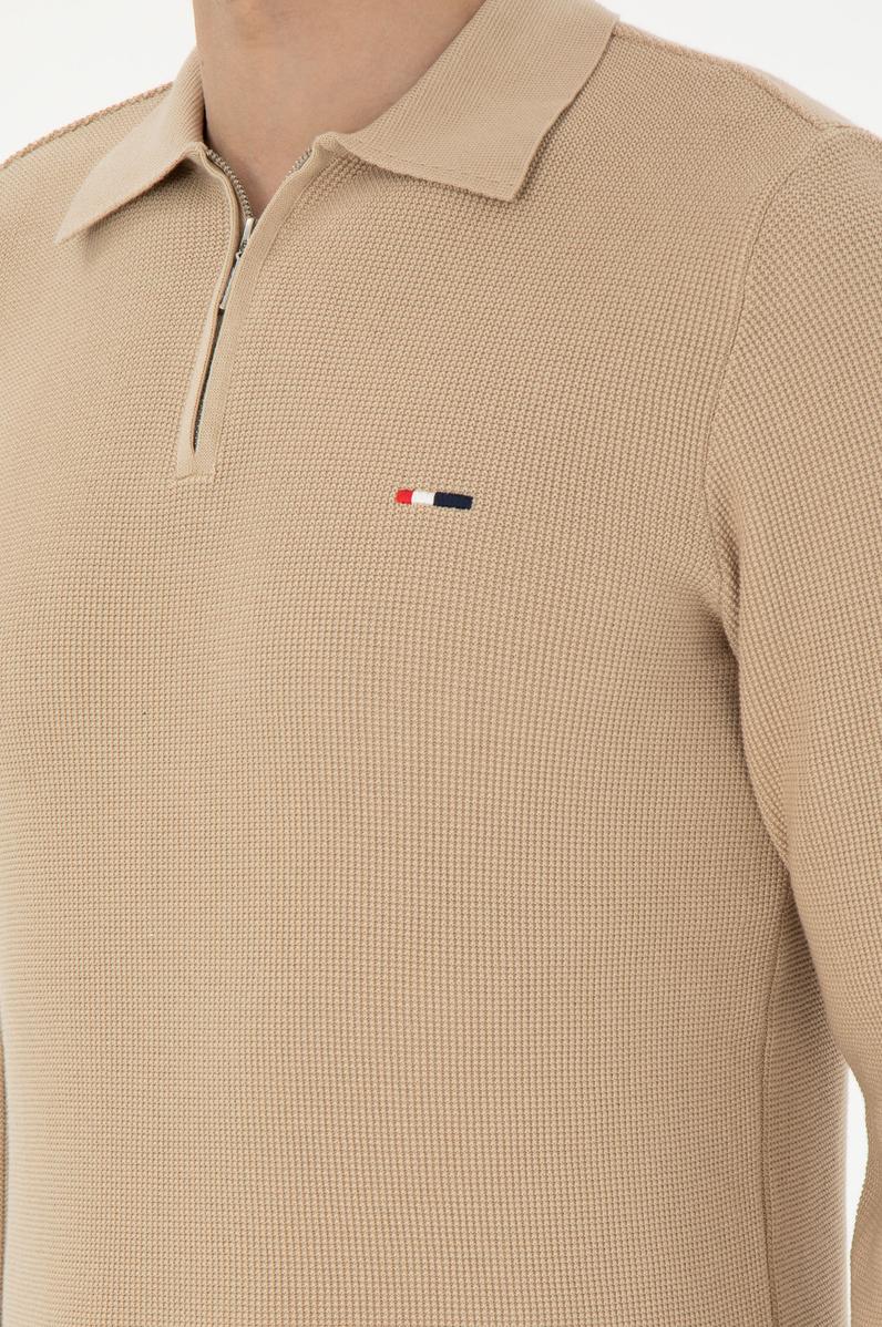 Erkek Regular Fit Yarım Fermuarlı Kum Melanj Basic Kazak