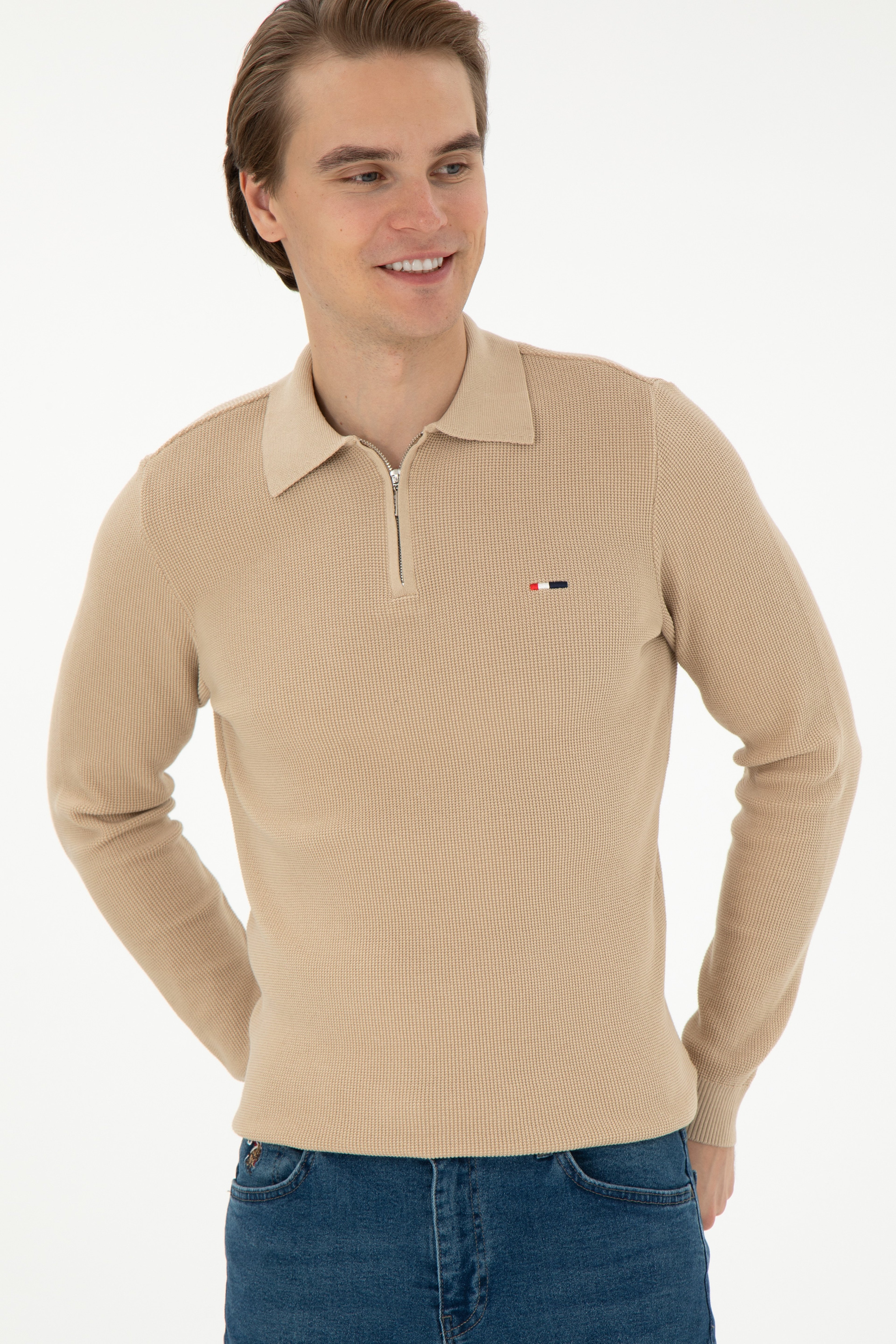 Erkek Regular Fit Yarım Fermuarlı Kum Melanj Basic Kazak - Image 3