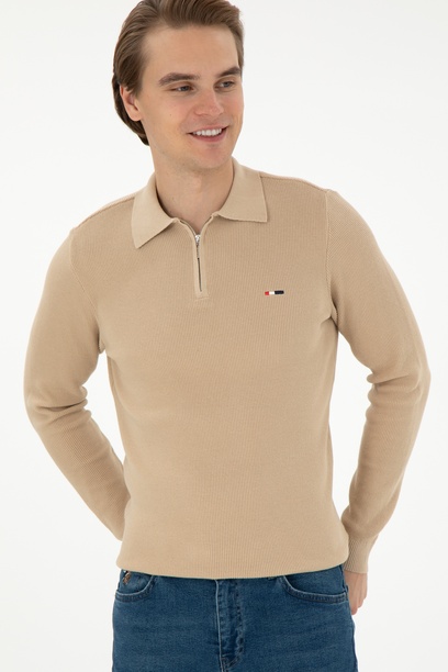 Erkek Regular Fit Yarım Fermuarlı Kum Melanj Basic Kazak