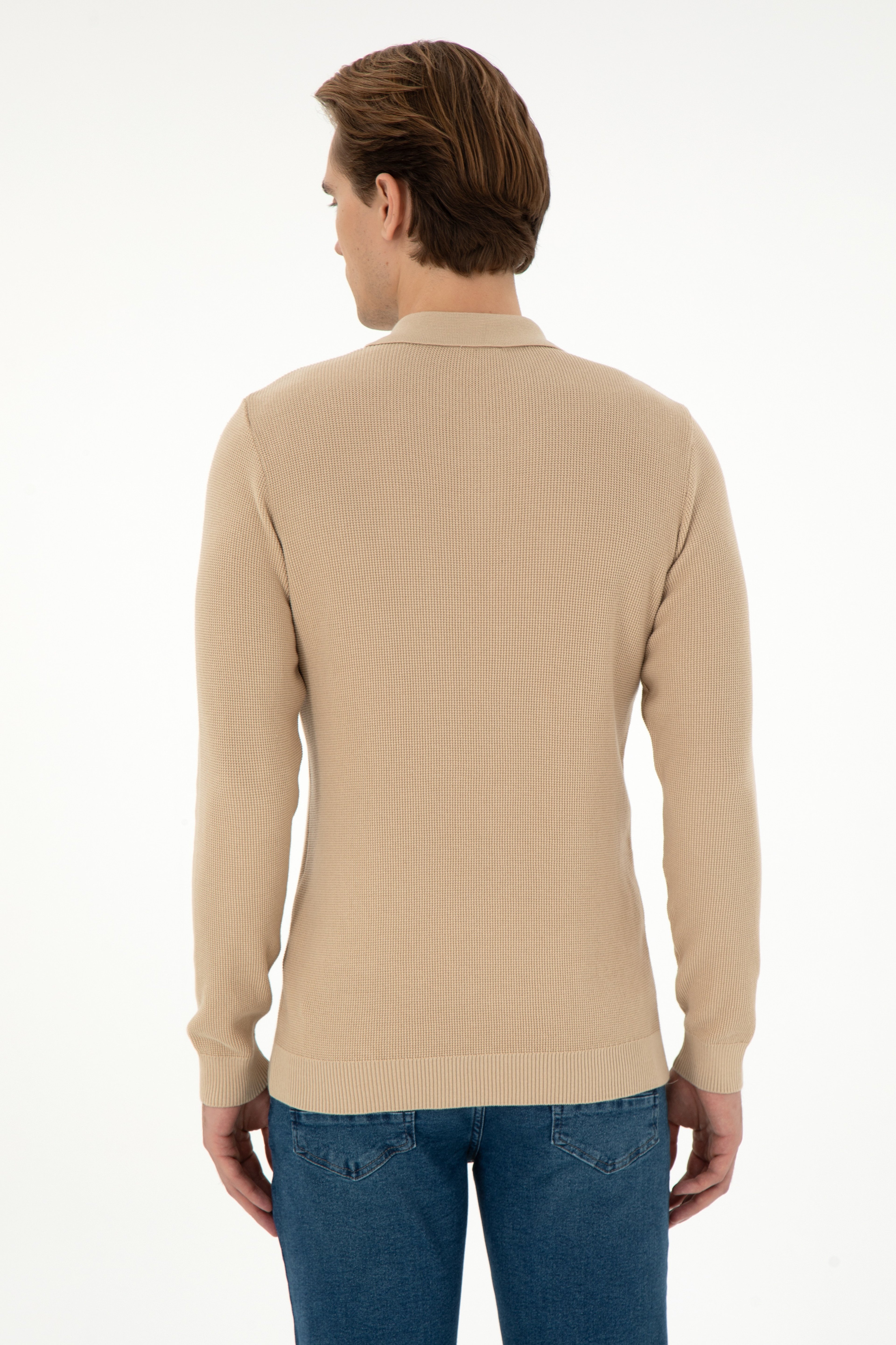 Erkek Regular Fit Yarım Fermuarlı Kum Melanj Basic Kazak