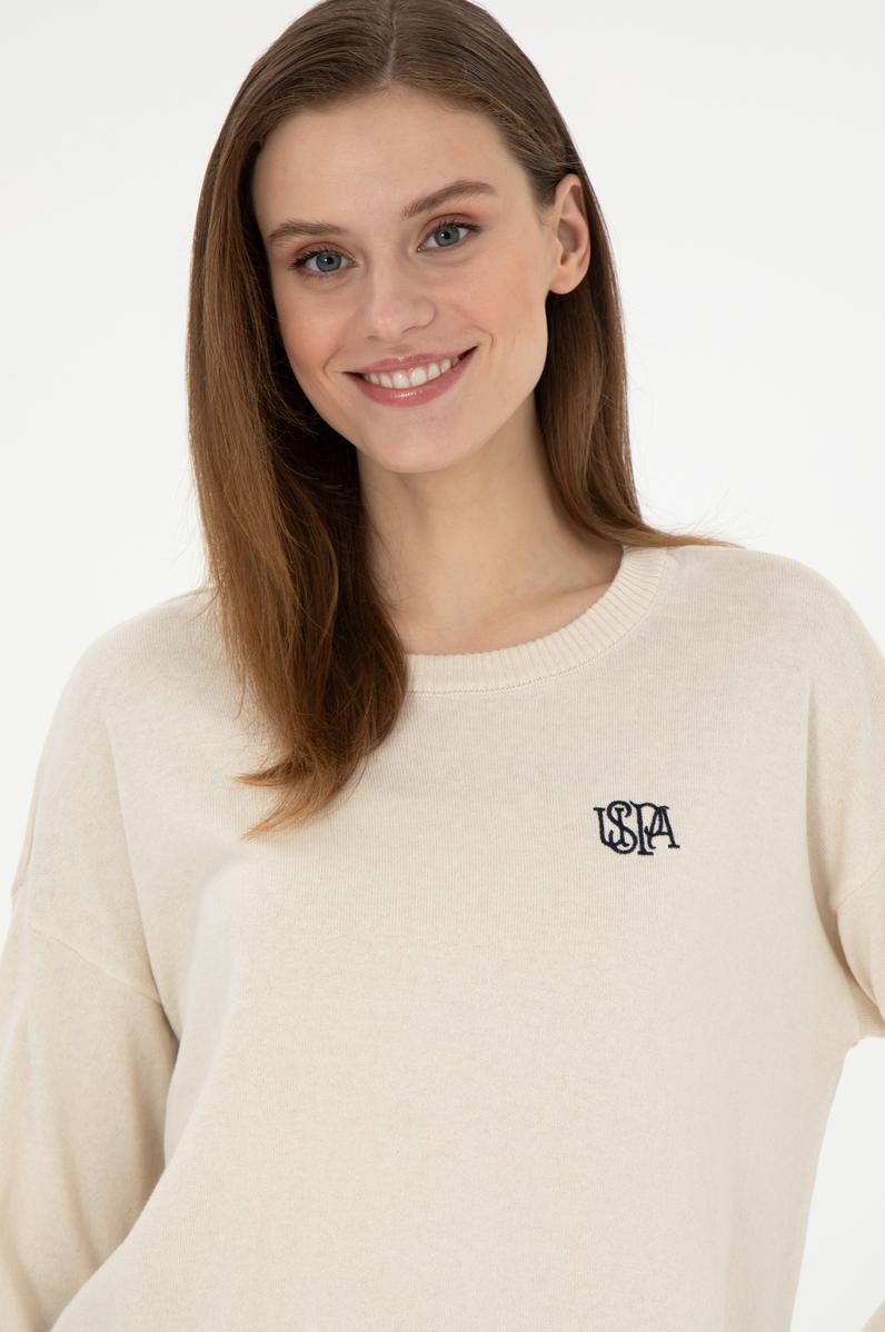 Kadın Krem Melanj Bisiklet Yaka Kazak