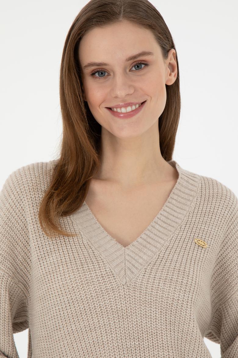 Kadın Taş Melanj V Yaka Kazak - 50297120017