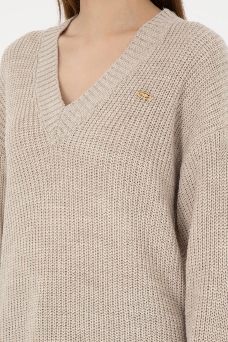 Kadın Taş Melanj V Yaka Kazak - 50297120017