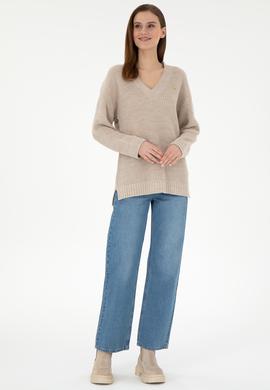 Kadın Taş Melanj V Yaka Kazak - 50297120017