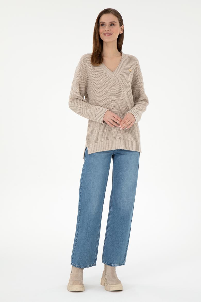 Kadın Taş Melanj V Yaka Kazak - 50297120017