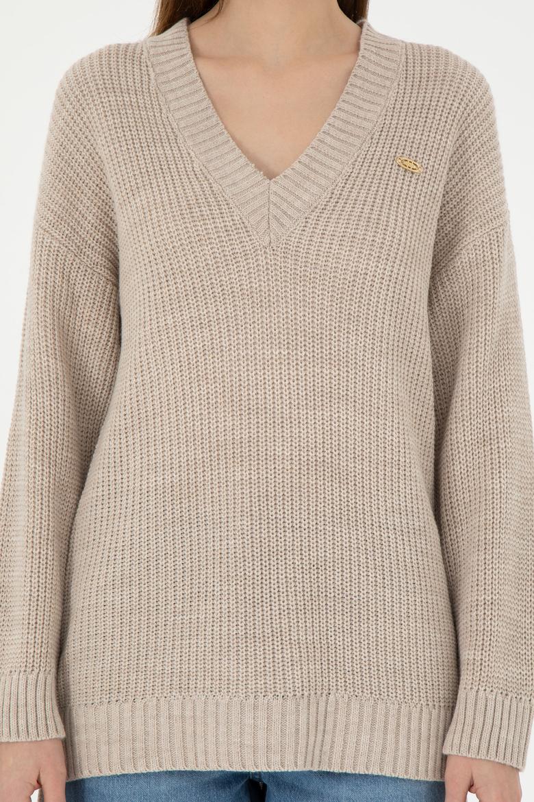 Kadın Taş Melanj V Yaka Kazak - 50297120017