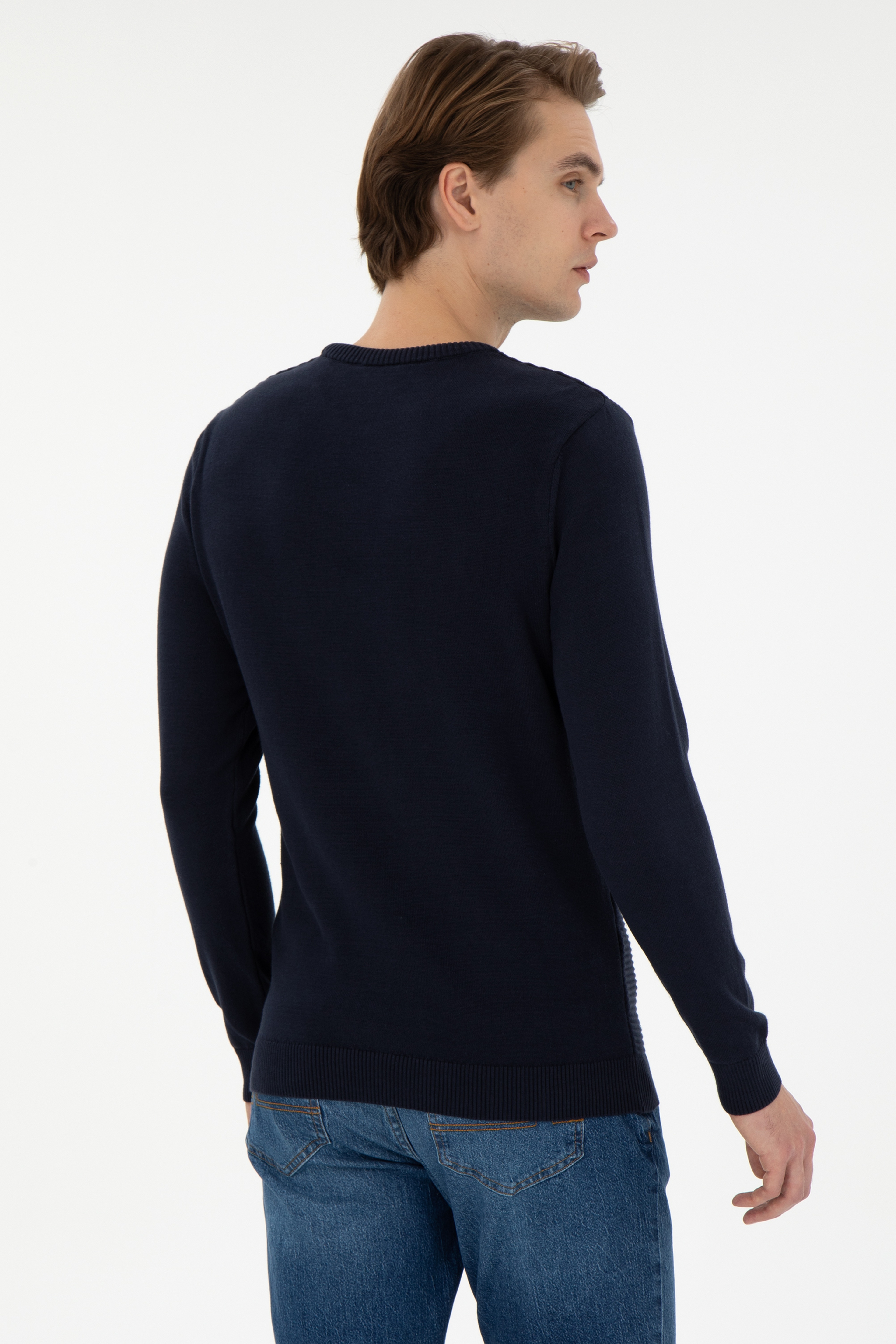 Erkek Slim Fit Bisiklet Yaka Lacivert Kazak - Image 5