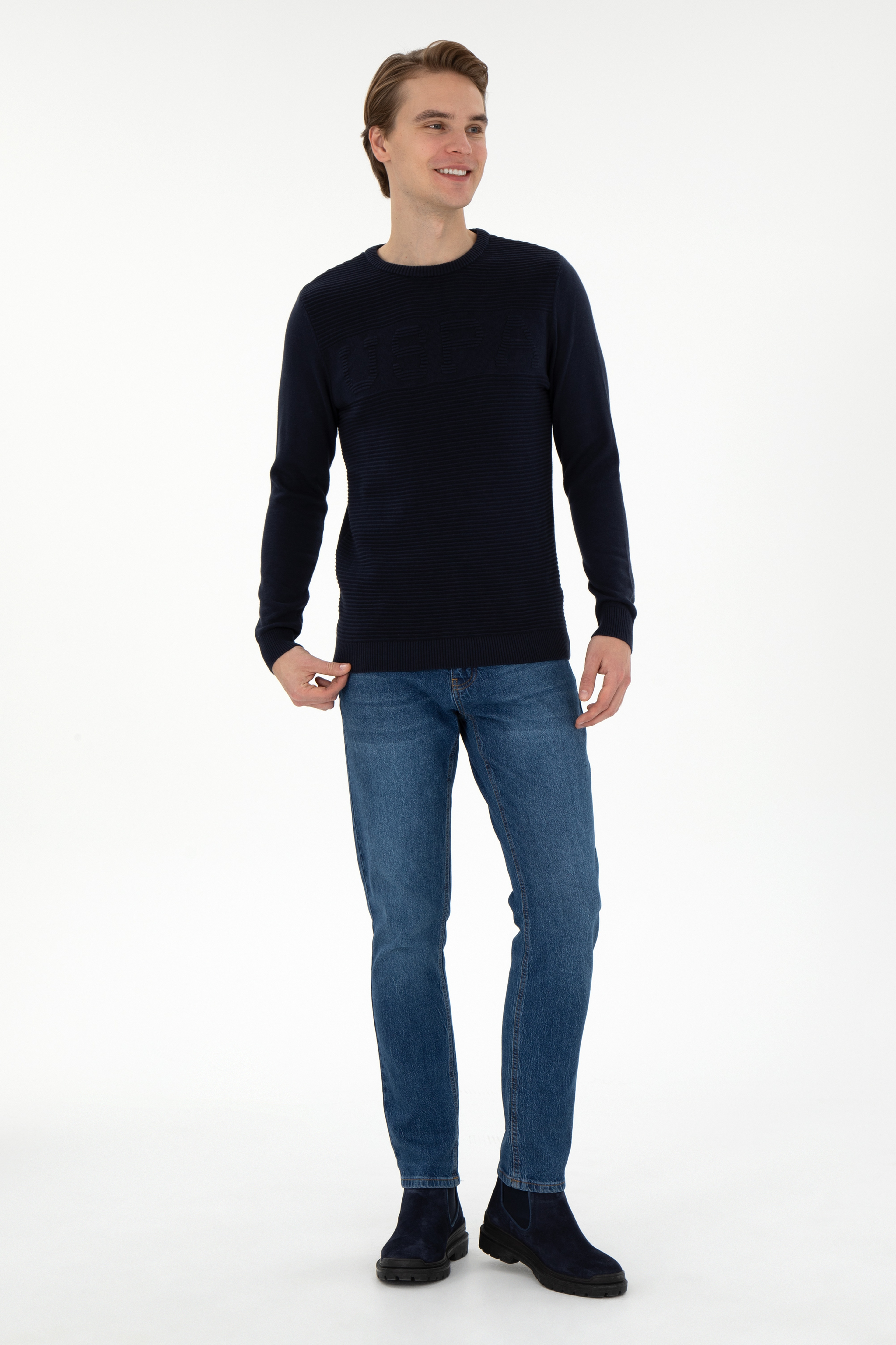 Erkek Slim Fit Bisiklet Yaka Lacivert Kazak