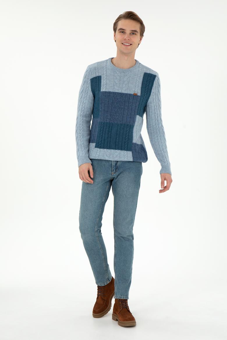 Erkek Regular Fit Bisiklet Yaka Açık Mavi Kazak - 50292678003