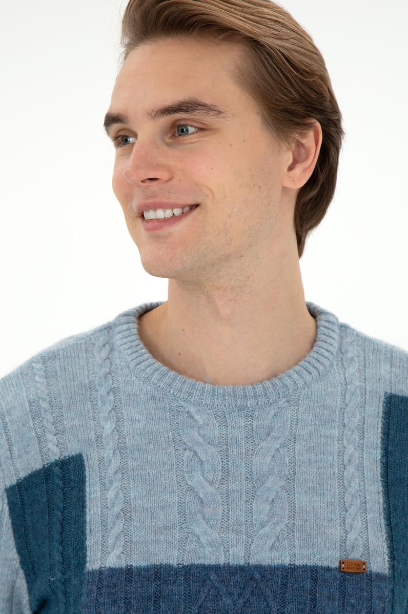 Erkek Regular Fit Bisiklet Yaka Açık Mavi Kazak