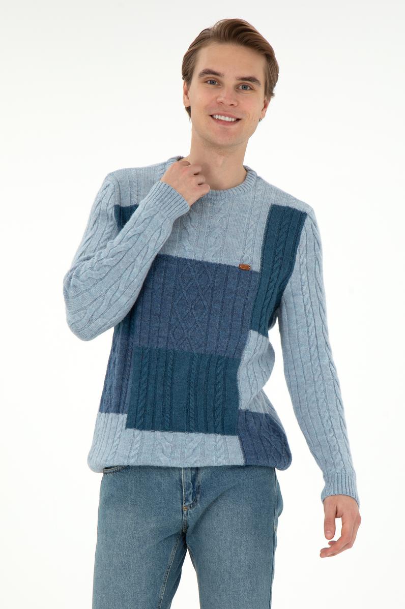 Erkek Regular Fit Bisiklet Yaka Açık Mavi Kazak