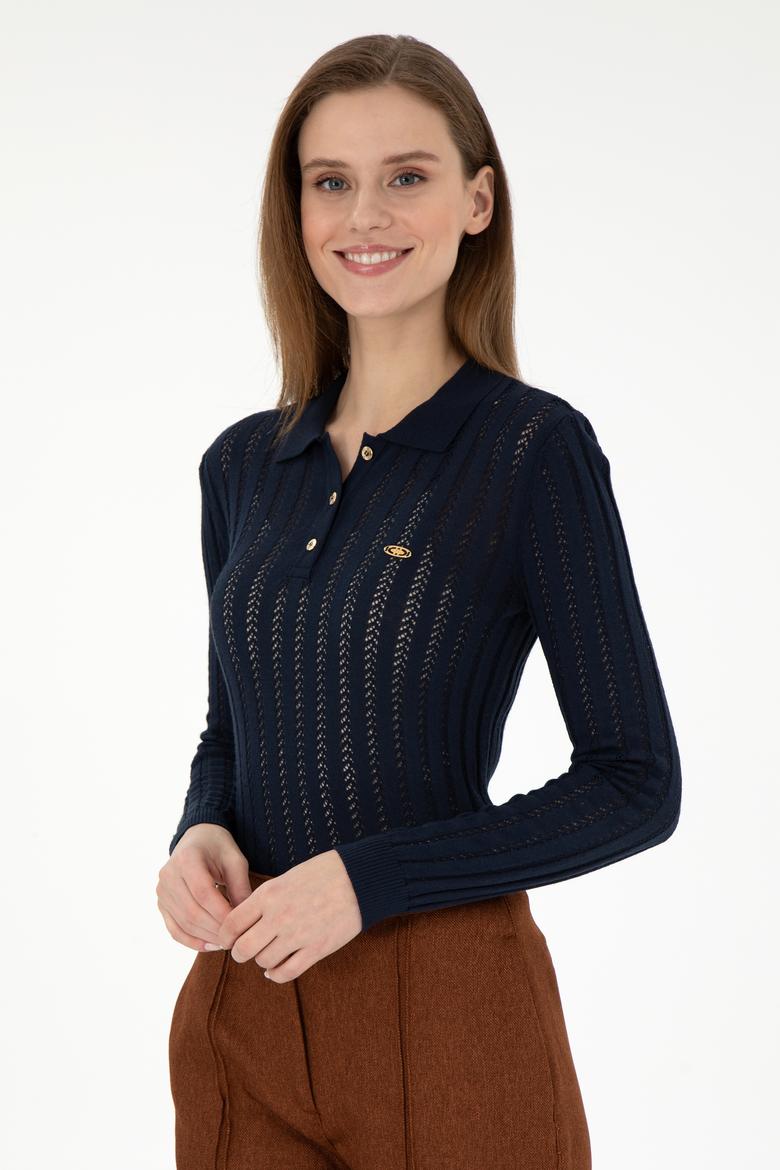 Kadın Lacivert Polo Yaka Kazak