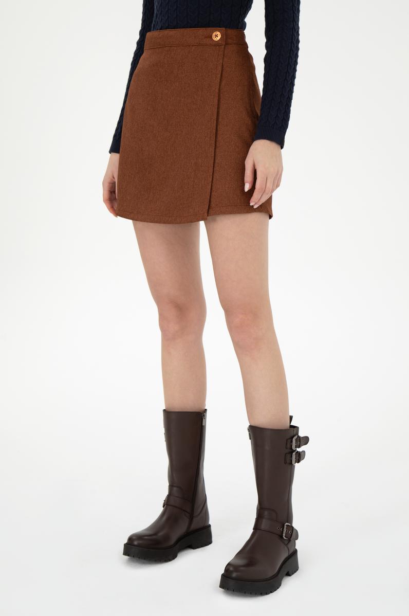 Kadın Kahverengi Mini Boy Dokuma Şort Etek