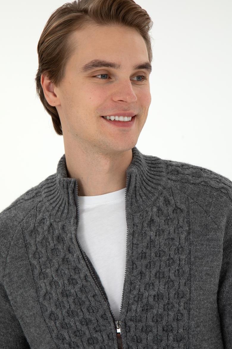 Erkek Gri Melanj Triko Hırka - 50294136015