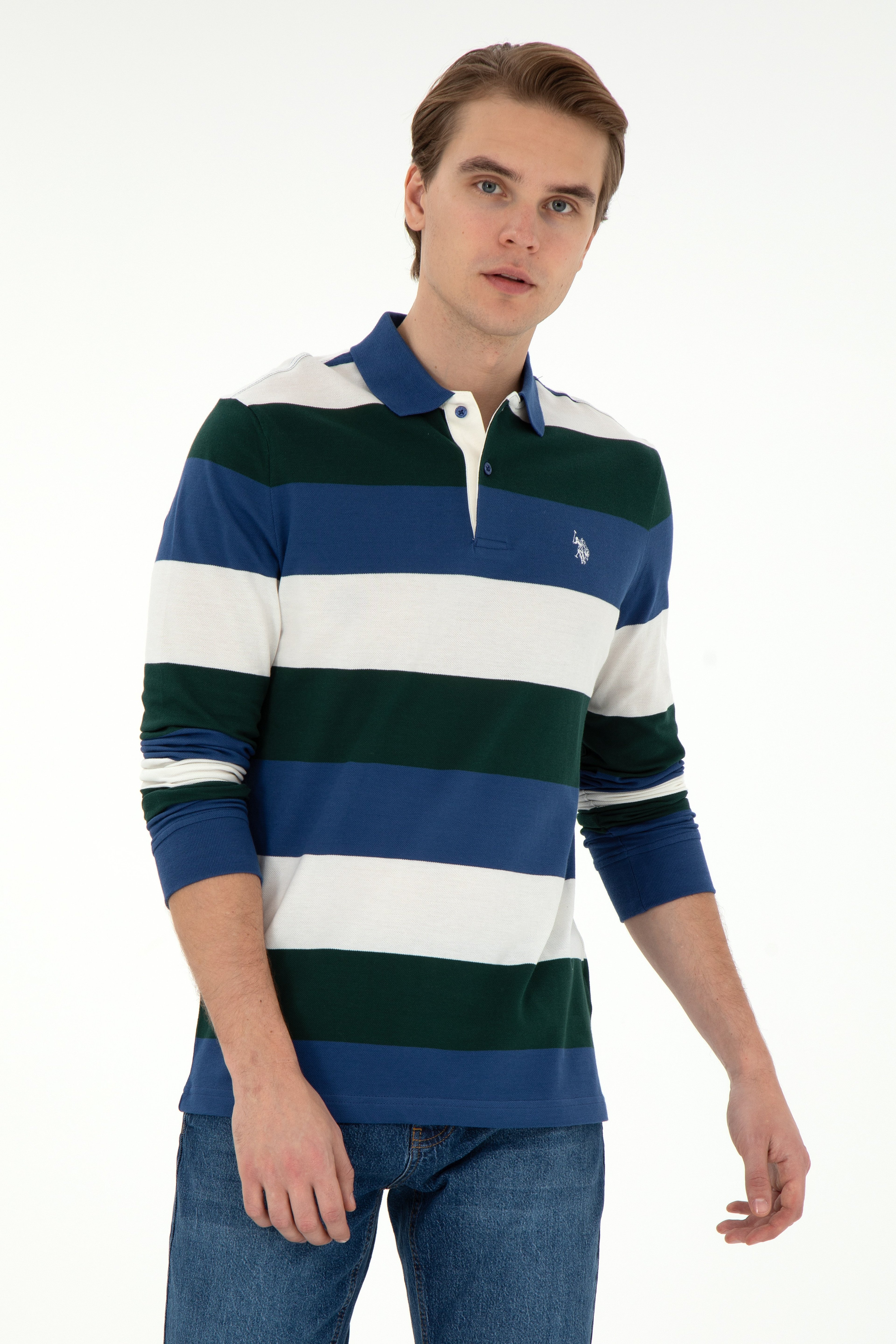 Erkek Regular Fit Polo Yaka Koyu Yeşil Sweatshirt - Image 1