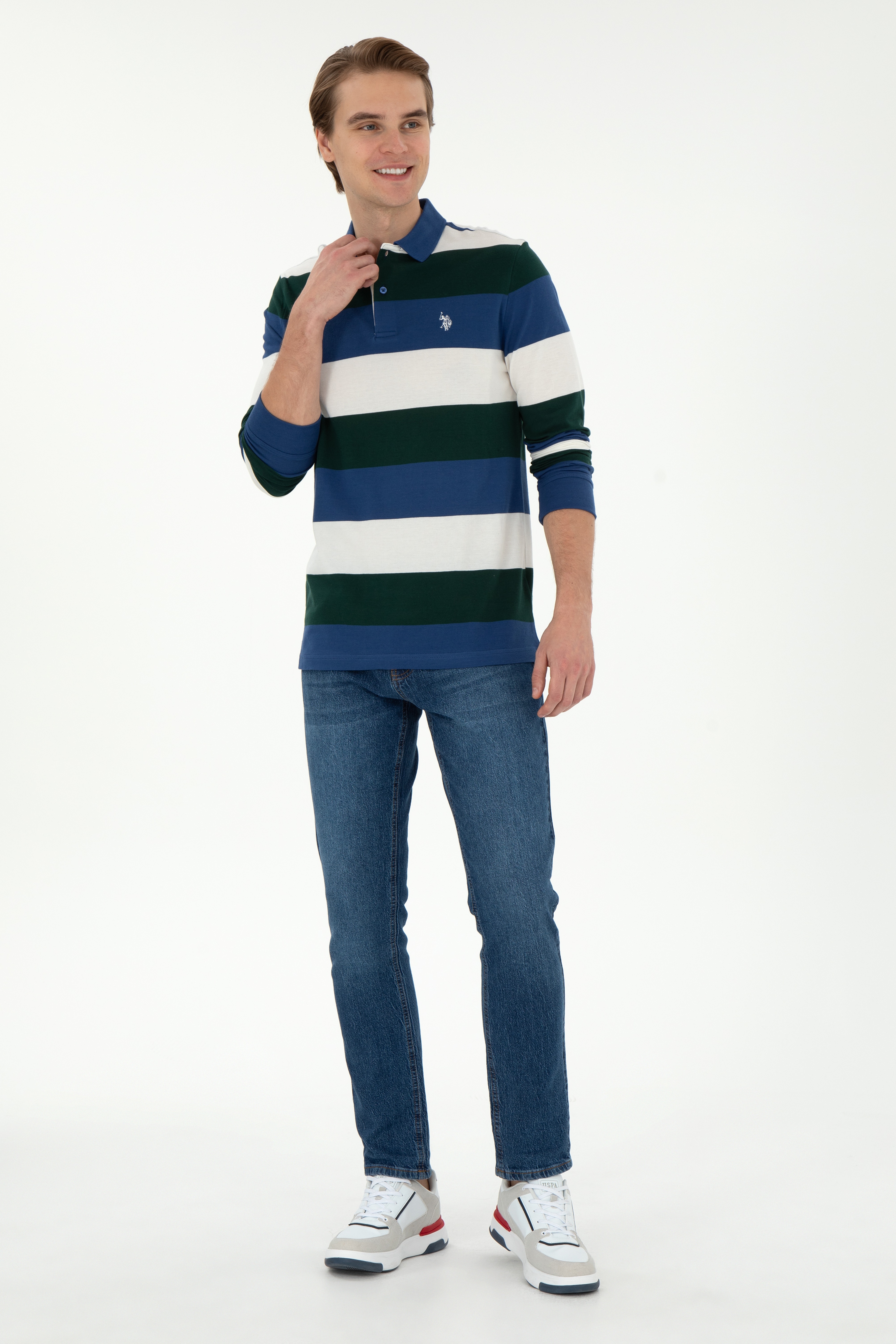 Erkek Regular Fit Polo Yaka Koyu Yeşil Sweatshirt