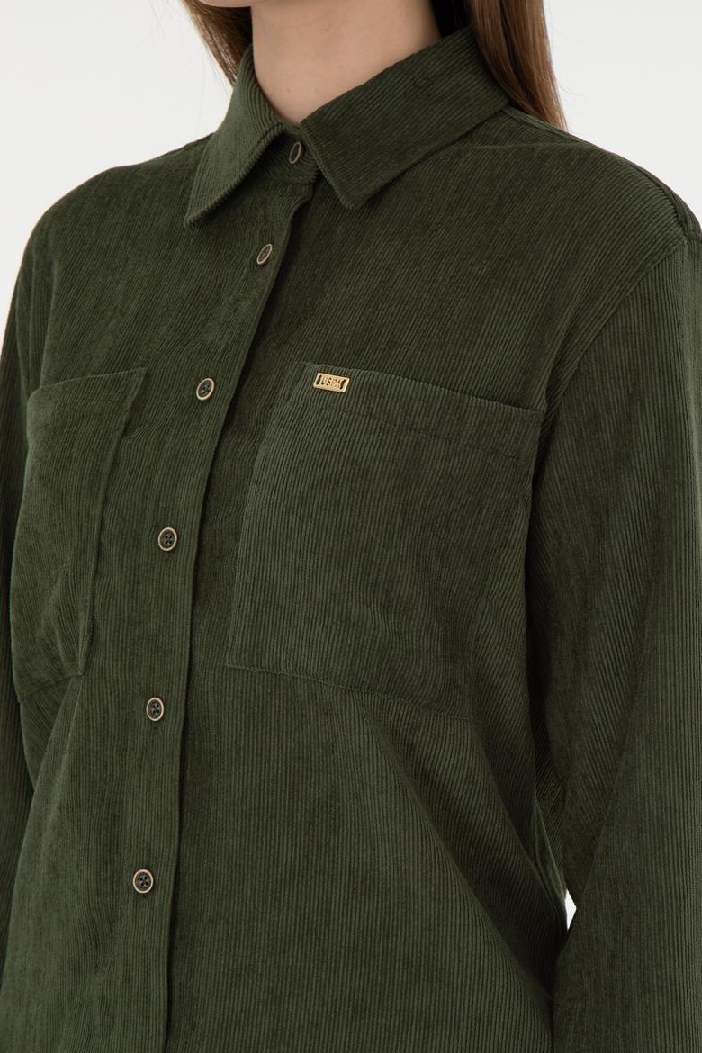 Kadın Haki Uzun Kollu Kadife Görünümlü Gömlek - 50297013006