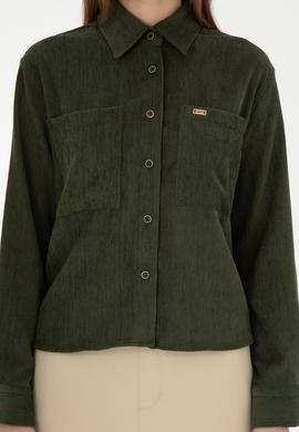 Kadın Haki Uzun Kollu Kadife Görünümlü Gömlek - 50297013006