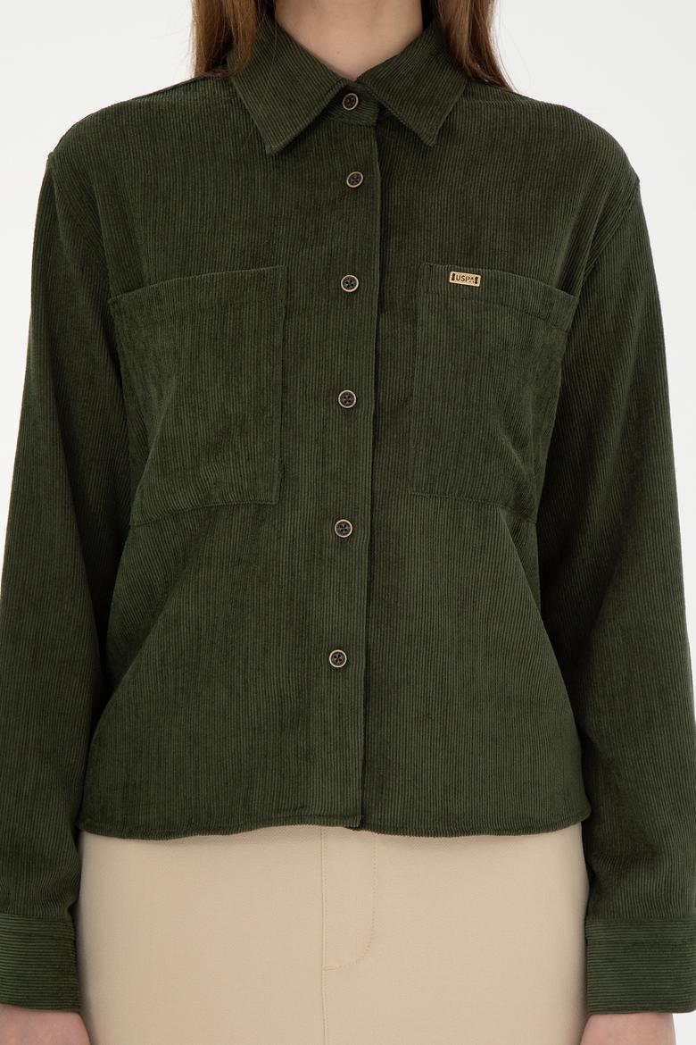 Kadın Haki Uzun Kollu Kadife Görünümlü Gömlek - 50297013006