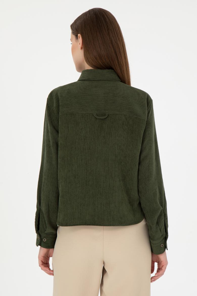 Kadın Haki Uzun Kollu Kadife Görünümlü Gömlek - 50297013006