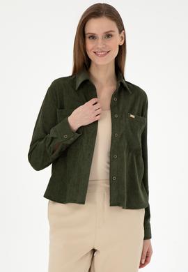 Kadın Haki Uzun Kollu Kadife Görünümlü Gömlek - 50297013006