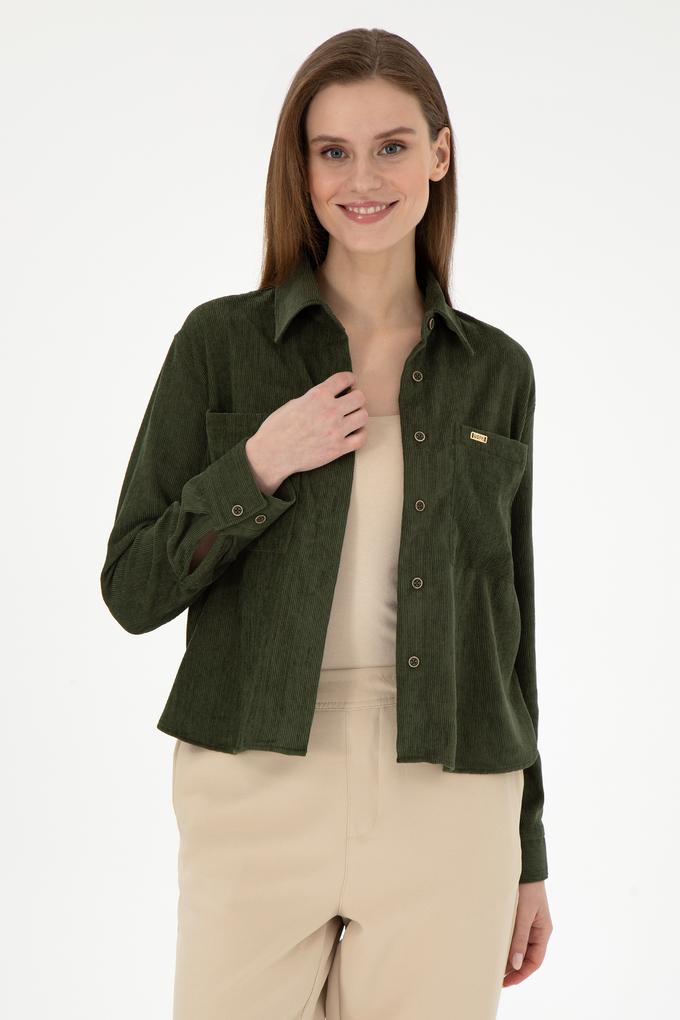 Kadın Haki Uzun Kollu Kadife Görünümlü Gömlek