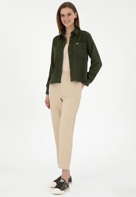 Kadın Haki Uzun Kollu Kadife Görünümlü Gömlek - 50297013006