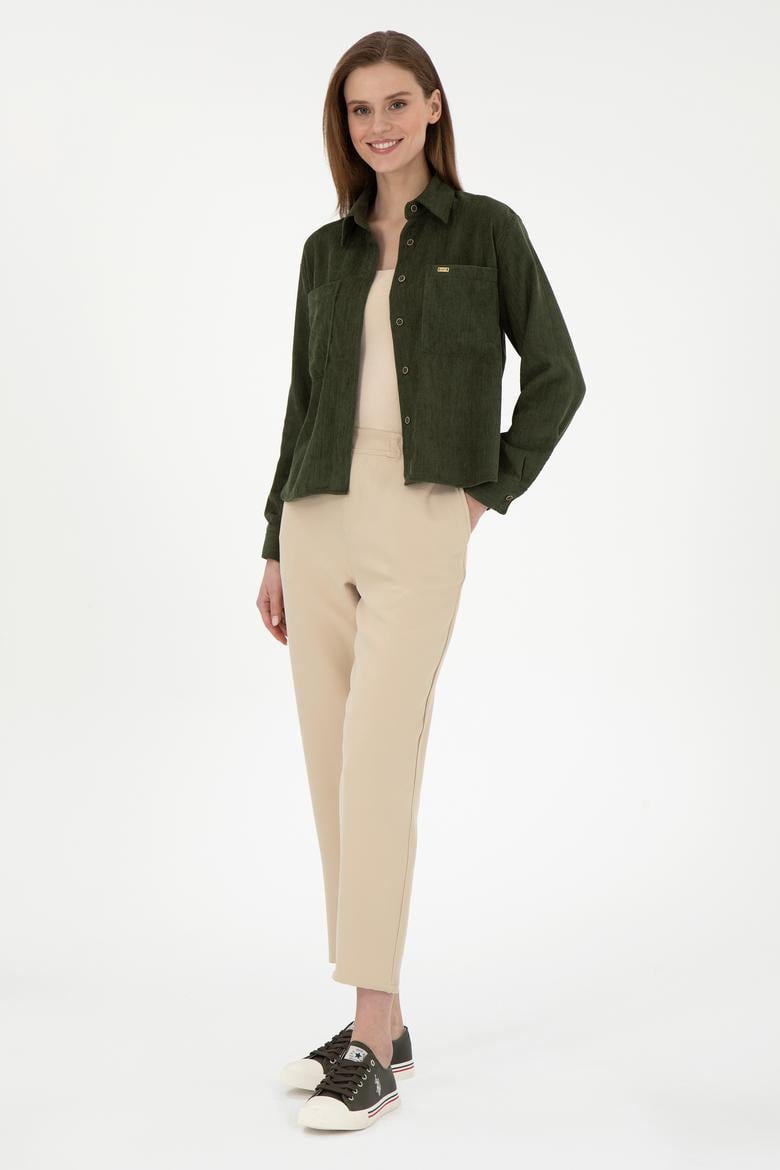 Kadın Haki Uzun Kollu Kadife Görünümlü Gömlek - 50297013006