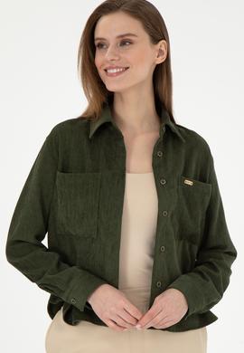 Kadın Haki Uzun Kollu Kadife Görünümlü Gömlek - 50297013006