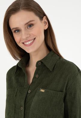 Kadın Haki Uzun Kollu Kadife Görünümlü Gömlek - 50297013006