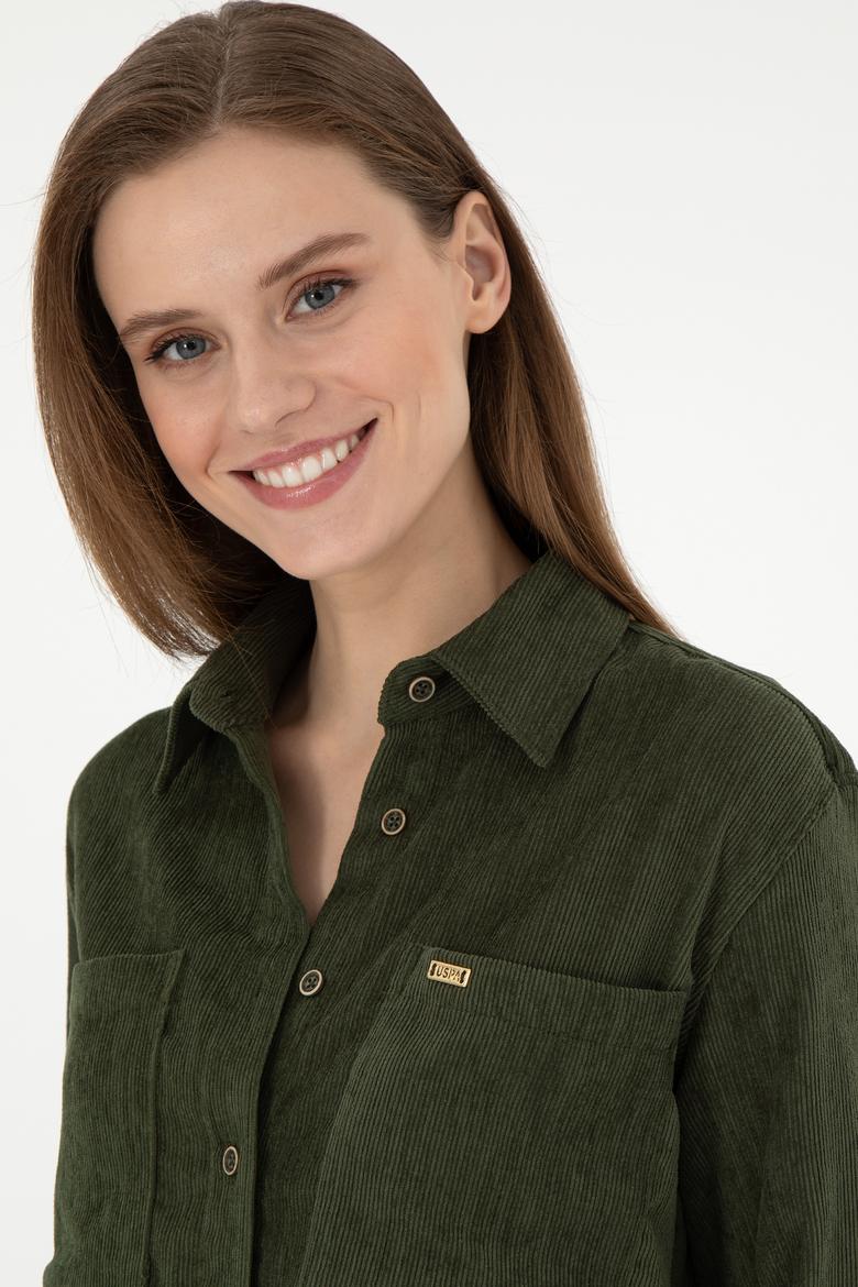 Kadın Haki Uzun Kollu Kadife Görünümlü Gömlek - 50297013006