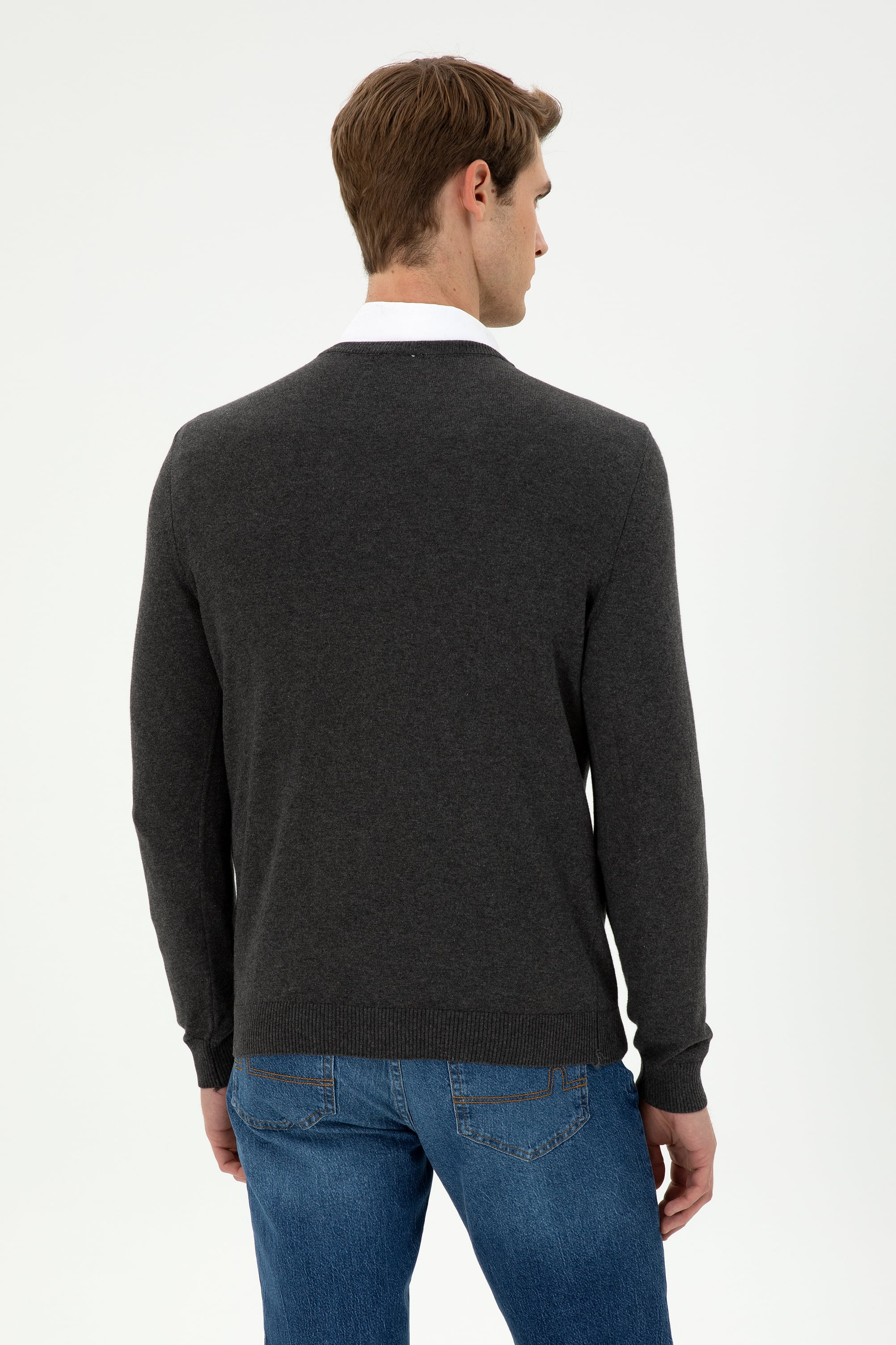 Erkek Slim Fit V Yaka Antrasit Melanj Basic Kazak