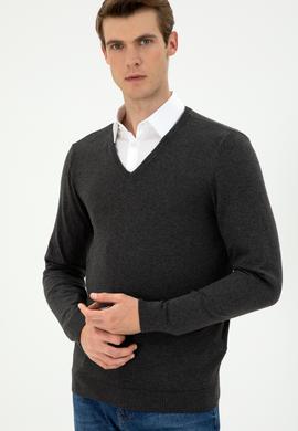 Erkek Slim Fit V Yaka Antrasit Melanj Basic Kazak - 50294764105
